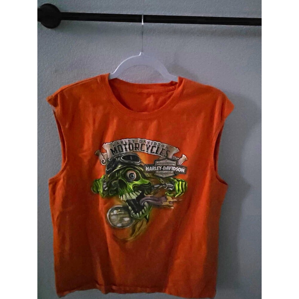 Harley-Davidson Men's T-Shirt Orange Sleeveless Crew Neck Motorcycle Graphic